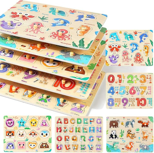 GRINNNIE Wooden Puzzles for Toddlers 1 2 3 Years Old, Montessori Toddler Toys 5PCS Peg Puzzles with Knob - Number, Alphabet, Shape, and Animal, Great Gifts for Boys Girls