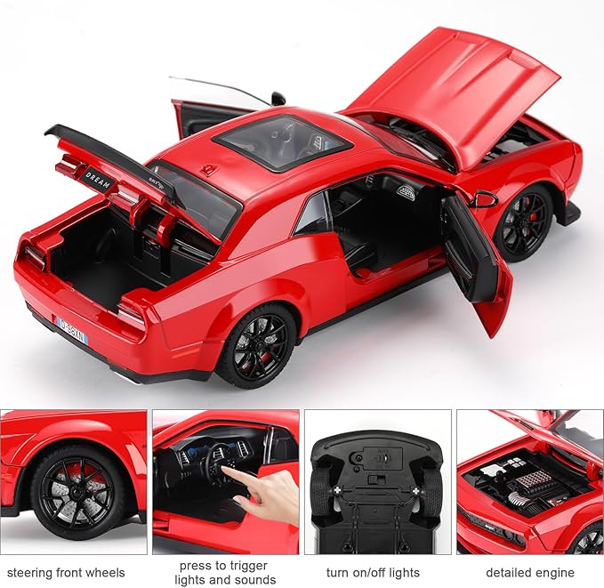 SASBSC Hellcat Toy Cars for Boys Age 3-12 1:24 Challenger Car Toys Diecast Metal Car Model with Light & Sound Collectable Muscle Cars for 3+ Year Old Kids (Red)
