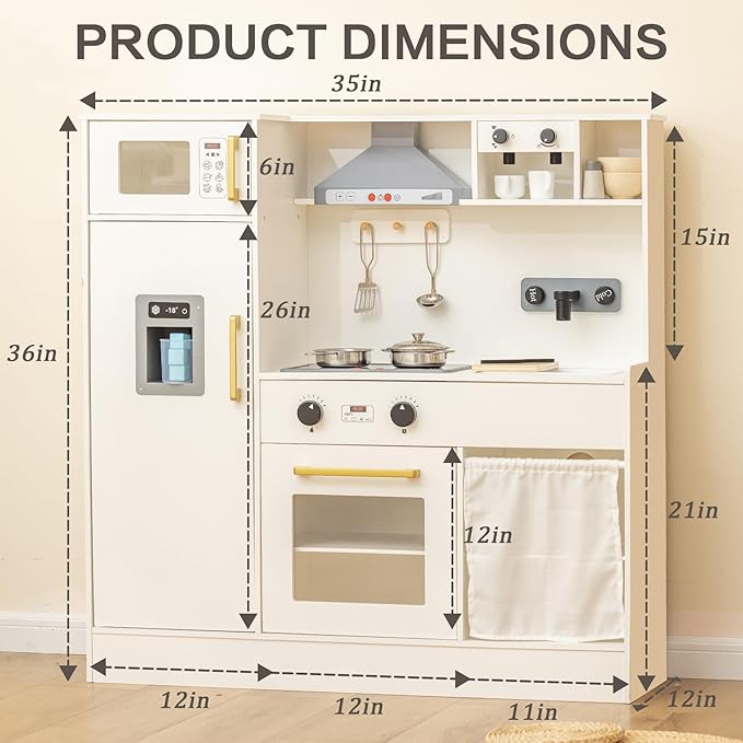Deli Kids Kitchen Playset, Realistic Wooden Kitchen Playset for Toddlers & Kids with Lights, Sounds & Storage, Ideal Gift for Boys & Girls