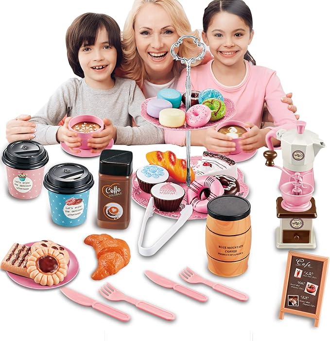 Pretend Tea Party Set for Little Girls, 41 PCS Coffee Maker Set and Play Food Dessert Set for Kids Age 3 4 5 6 7 8 9(Pink)