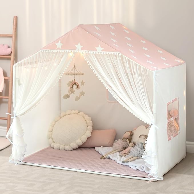 Kids Play Tent with Mat, Large Playhouse Tent with Pompoms Door Curtains, Children Play House for Girls Boys, Indoor Play Cottage (Pink)