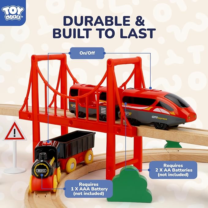 TOY Life 80pcs Wooden Train Set for Kids 3-8, Compatible with Thomas, Brio, Fits HO Scale, Modern Style, Unisex, Ages 3+