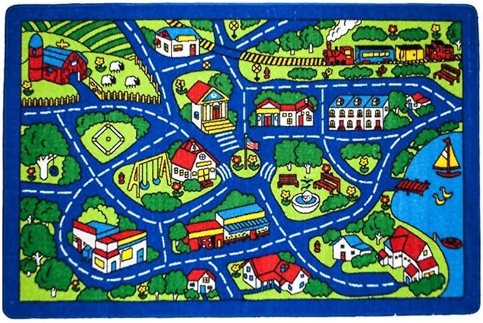 Kids Rug Street Map Blue Area Rug 5x7 (Approx : 4'11" X 6' 10") Non Slip Gel Backing