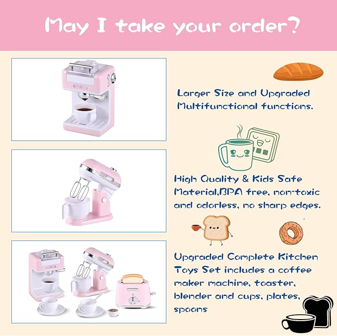Ehome Play Kitchen Toys Kids Kitchen Accessories Pretend Play Kitchen Appliances Toy Set with Coffee Maker, Mixer, Toaster for Kids Toddler Kitchen Playset Ages 4 5 6 7 8 Girls