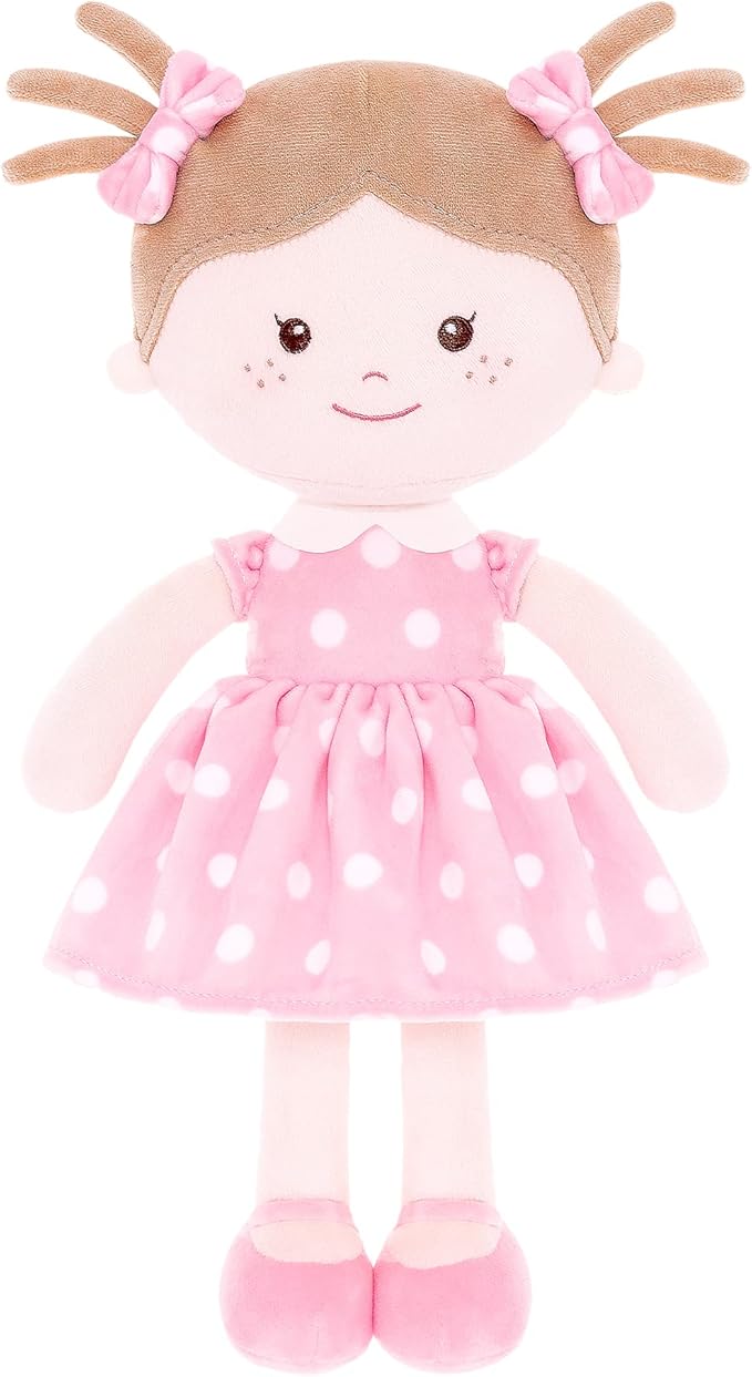 Onetoo Plush Rag Doll Sleeping Cuddle Buddy Doll Soft Baby Doll for Girls First Baby Doll Wear Pink Skirt Dress 14"(Milly Series)