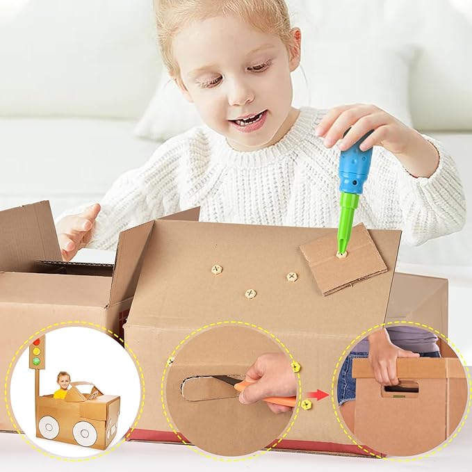 Cardboard Construction Tool Kit 163 Pieces-Educational Toys for at-Home Play + Classroom Learning | Reusable Cardboard Tools for Kids