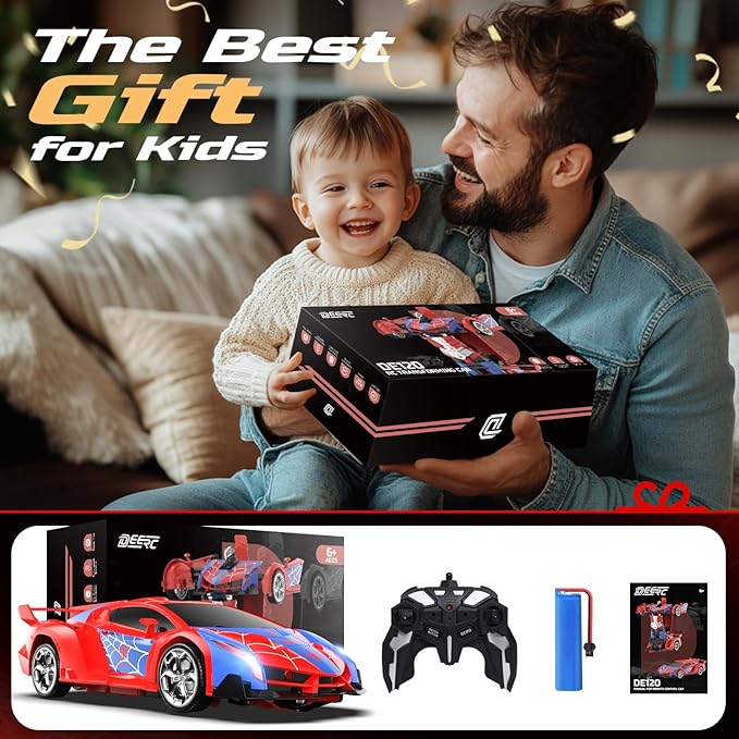 DEERC Spider RC Car Transform Robot, 2.4GHz Remote Control Spider Cars for Kids, 1:18 Scale Robot Toy Car W/One-Key Transformation, 360° Rotation, Auto Mode, Rechargeable Battery, Robot for Man Boys