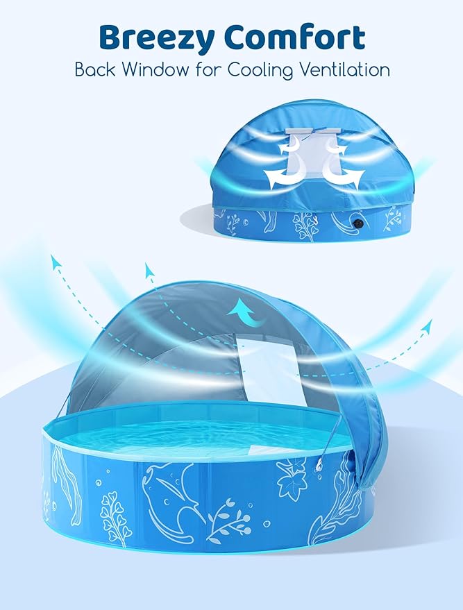 Foldable Kiddie Pool with Canopy: 47in Baby Pool and Beach Tent for Toddlers Infants 6-12 Months and Kids 2-4 Years Old - Portable Water Play with Shade for Outdoor Backyard Beach (Blue-Blue)