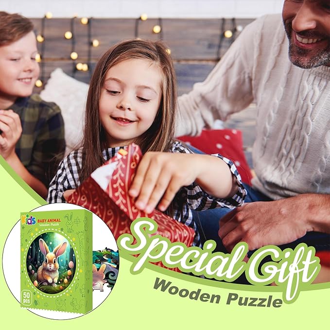 Easter Gifts for Kids Girls Boys, Easter Basket Stuffers, Wooden Jigsaw Puzzles for Kids Ages 4-6, 50 Piece Unique Shape Animal Theme Puzzle - Preschool Learning Educational Toys for Kid 3+ (Rabbits)