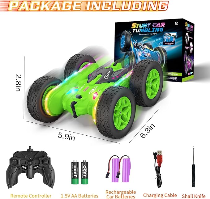 Remote Control Car, Rc Cars Stunt RC Car Toys Upgraded Strip Lights and Headlights Kids Toys Double-Sided 360ยฐ Rotating 4WD Drift Truck for Boys Girls Birthday Gift (Green)
