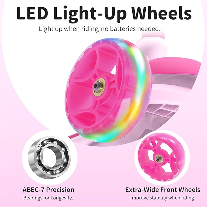BELEEV A9 Kids Scooter with LED Light-Up Wheels & Deck, 3 Wheel Folding Scooter for Toddlers Girls Boys Ages 3-12, Adjustable Handlebar, Lean to Steer, Extra-Wide Wheels, Kick Scooter for Children