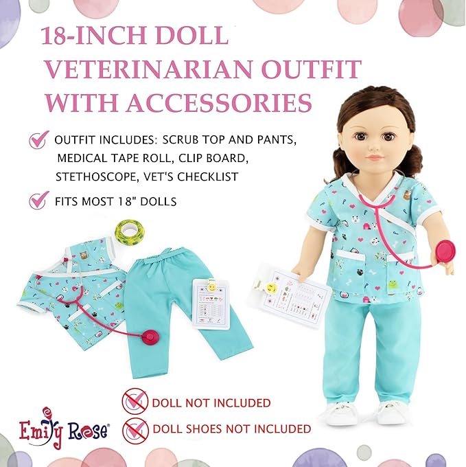 Emily Rose 18 Inch Doll Clothes 6 PC Doctor Veterinarian Vet Nurse Scrubs & Accessories Outfit Set, Including Stethoscope | Mom's Choice Award Winner | Compatible with 18" American Girl Dolls