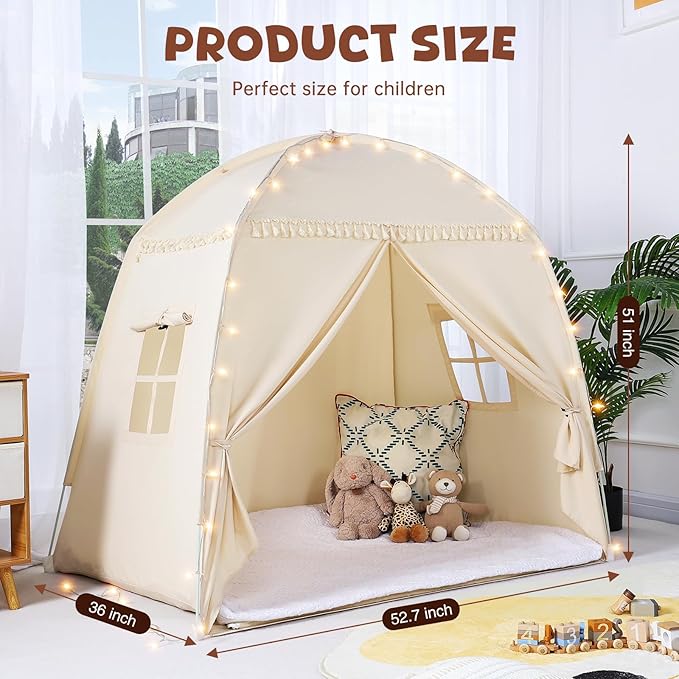 Medium Toddlers Bed Tent Canopy: with Lights and Flags for Girls and Boys House Gifts - Monobeach Kids Play Tent Indoor Princess Toys - Portable and Foldable Children Playhouse Outdoor