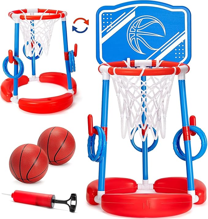 Pool Basketball Hoop, 2-in-1 Poolside Floating Pool Basketball Game, Swimming Pool Games for Kids Adults Indoor Outdoor Play, Water Play Toy Family Party, Includes Hoop, Balls, Pump, Backboard