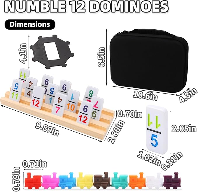 Double 12 Mexican Train Dominoes Set with 4 Wooden Racks & 91 Colorful Number Tiles Portable Travel Board Game for Kids and Adults Family Game Night