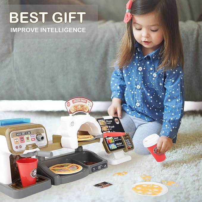 deAO Pretend Play Store Coffee Playset Kids Coffee Maker Play Set Pizzas Shop with Cash Register Toy Kitchen Playset Accessories Gifts for Toddlers Boys Girls