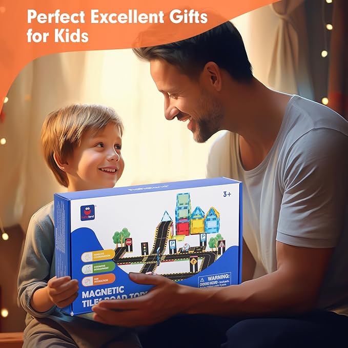hahaland Magnetic Tiles Road Set - Magnetic Construction Toys with Cars for Ages 3-5 Toddlers Kids Preschool Montessori Toys for 3 4 5 6 7 Year Old Boys Girls Easter Birthday Gifts