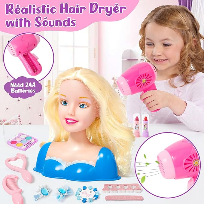 Hair Styling Doll Head Makeup for Girls Toys Kids Practice Pretend Play Beauty Set with Hairdryer Curling Iron Crown Brushes Comb Accessories Birthday Gifts for Girls 3 4 5 6+ Years Old Christmas
