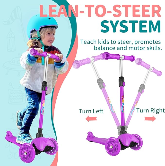 BELEEV A1 Scooter for Kids Ages 2-6, 3 Wheel Kick Scooter for Toddlers Girls Boys, Light up Wheels, Adjustable Height, Lean to Steer, Non-Slip Deck, Lightweight Push Scooter for Children