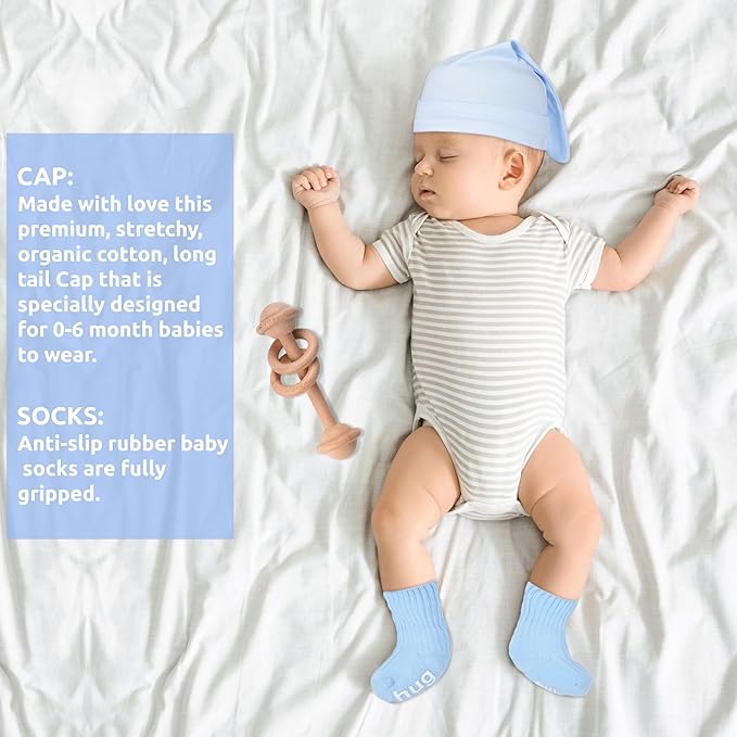 Newborn Baby Gift Set | Baby Gift Basket | Newborn Blanket, Wooden Teether, Security Blanket, Cap, Baby Bibs, Socks & Greeting Card (Blue)