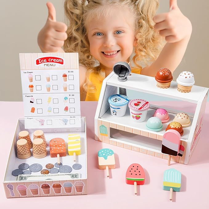 Wooden Ice Cream Toys for Kids Toddler,Ice Cream Counter Shop Pretend Play Toy Food Kitchen Accessories,Play Food Scoop and Serve, Play Kitchen Sets for Kids,Christmas Birthday Gift for Girls Boys
