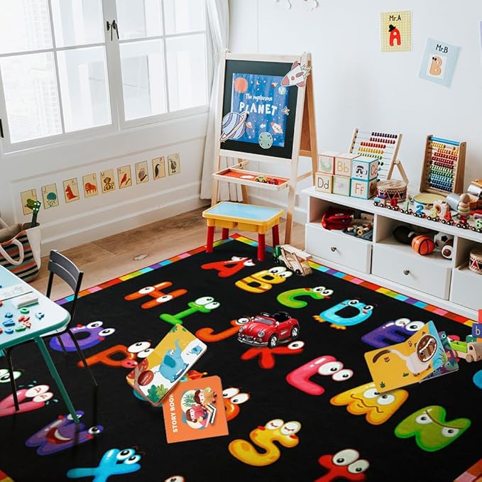 13'x7'7'' ABC Classroom Rug Black, Preschool Rugs for Classroom, Large Daycare Rugs for School, Carpets for Kids Classroom Rugs Elementary