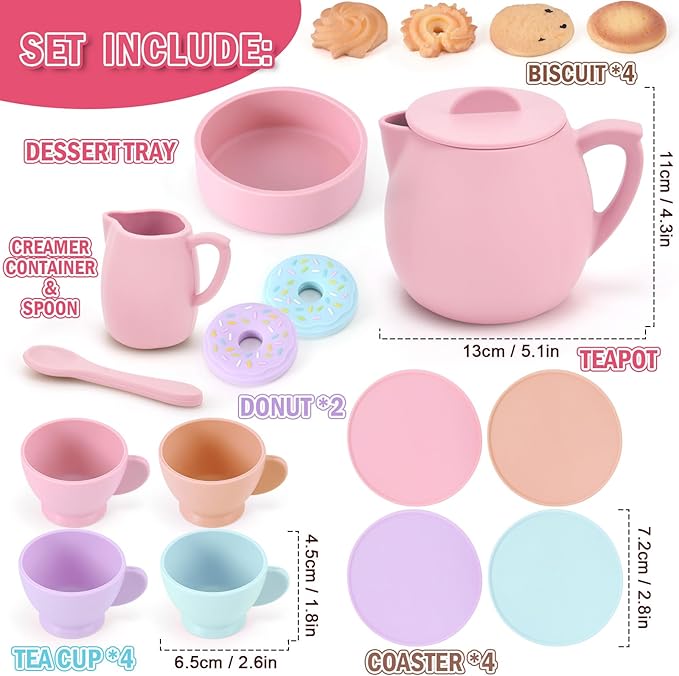 Lorfancy 20 Pcs Silicone Tea Party Set for Little Girls Kids Toddlers Tea Set with Tea Pot Cups Food Pretend Play Kitchen Accessories Christmas Birthday Gift for Girls Age 2 3 4 5 6 Year Old Toys
