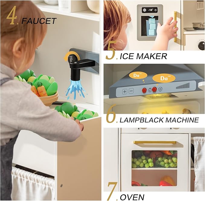 Deli Kids Kitchen Playset, Realistic Wooden Kitchen Playset for Toddlers & Kids with Lights, Sounds & Storage, Ideal Gift for Boys & Girls