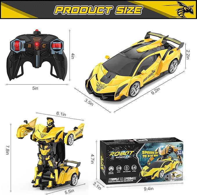 BLUEJAY Transform Rc Cars for Boys 4-7 8-12, 2.4Ghz Remote Control Car 1:18 Scale Transforming Robot, One-Button Deformation 360° Rotation Car Toy Gifts for Boys 3-5 (Bee)