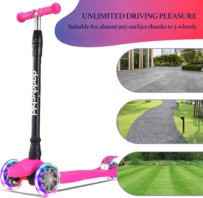 Kids Kick Scooter, 3 Wheeled Scooter for Kids, Child/Toddlers Toy, Adjustable Height, Anti-Slip Deck, Flashing Wheel Lights, for Boys/Girls 3-12 Year Old