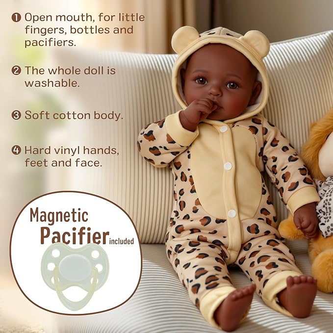 BABESIDE Adorable Lifelike Black Baby Doll - 17" Handmade Realistic African American Baby Dolls with Premium Outfit & Accessories Pretend Play Gift for Toddlers Age 3+