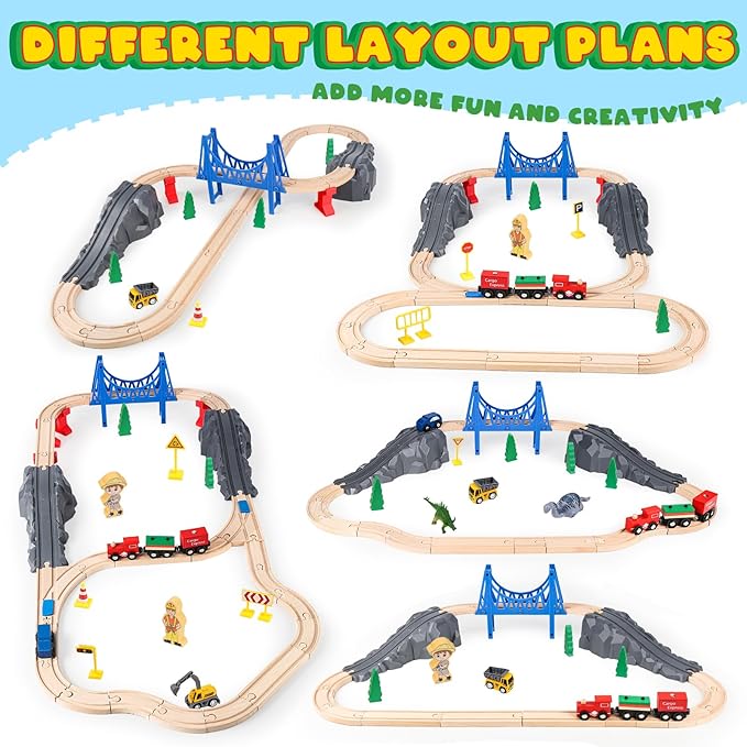 Wooden Train Set for Toddlers & Kids, 72Pcs Wooden Train Track with Crane, Expandable Toys Train Set for 3 4 5 6 7 Years Old Boys & Girls Christmas Birthday Gifts - Fits All Major Brands Railway Set