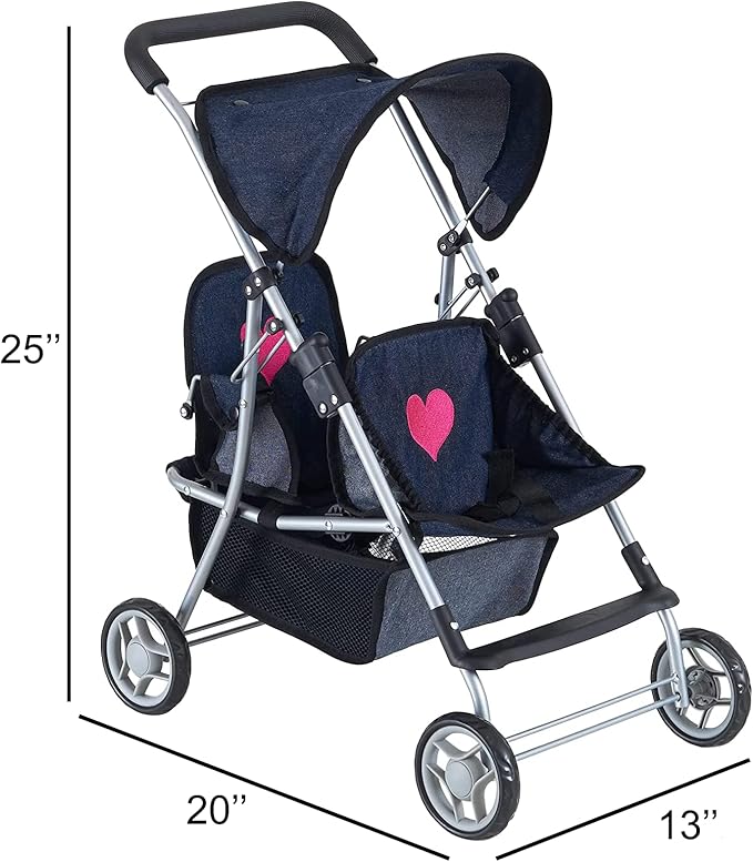 Double Baby Doll Stroller for Twin Dolls | Toy Doll Stroller for Toddlers, 4 Year Old, 5 Year Old Girls, 8 Year Old | 25” Tandem Play Toy Stroller for Baby Dolls, Denim Baby Stroller for Dolls