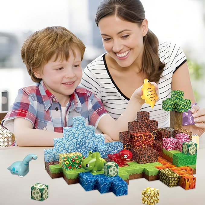 205Pcs Dinosaur Toys Magnetic Blocks Build 3D Dinosaur World Jurassic Scenes, 1" Magnetic Building Blocks Magnet Cubes Tiles for Toddler Boys Girls 3+, STEM Sensory Building Toys Games