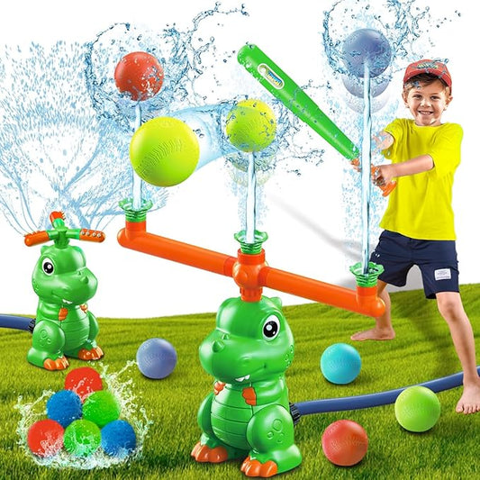 4-in-1 Dinosaur Water Sprinkler Baseball Toys,360° Spinning Water Play Game, Water Baseball, Water Splashing Toy for Kids Outdoor, Summer Backyard Lawn Pool Party Fun for Boys Girls (Green)
