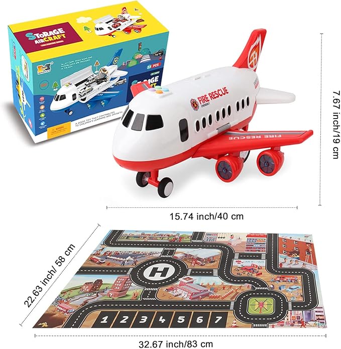 Dwi Dowellin Airplane Toy with Fire Truck Cars and Play Mat,Plane with Lights and Sounds for 3 + Years Old Boys and Girls
