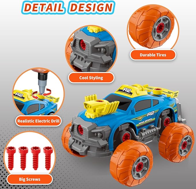 Pup Go 3-in-1 Take Apart Car for Boys with Electric Drill, 46Pcs Construction Toy Truck, Build Your Own Toy Car with Play Tools, Ideal STEM Present for Kids Children Ages 3 4 5 6 7 8 9 Year Old Blue