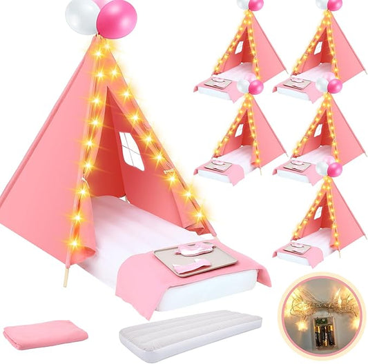 Windyun 6 Pack Kids Teepee Tent Bulk with Light and Inflatable Airbed, Natural Cotton Toddler Play Tent Washable for Girls Boys Indoor Outdoor Slumber Party Birthday Gifts (Pink)