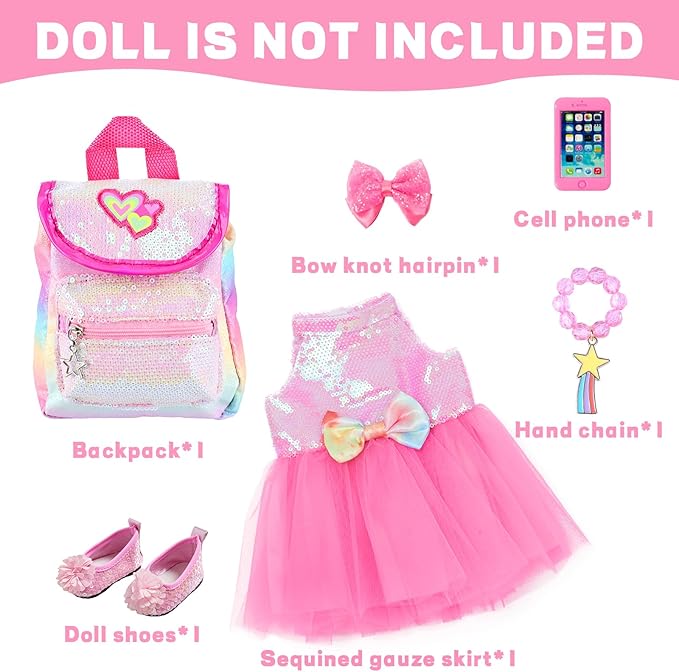 American 18 Inch Doll Clothes and Accessories, Sequin Doll Backpack Accessories Set Included 18 inch Girl Doll Backpack,Sequin Gauze Dress,Doll Shoes,Bow Knot Hairpin,Hand Chain(No Doll)