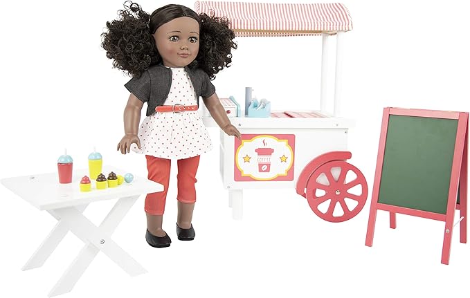 Playtime by Eimmie 18 Inch Doll Furniture Café Food Cart Set - Wooden Playset with Accessories, Fits American, Generation, My Life & Similar 14”-18” Dolls