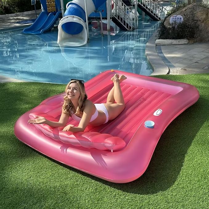 Inflatable Tanning Pool Lounger Float with Sprinkler, 83" x 63" Extra Large Pool Floats Adult with Pillow Cooler Tray, 6 in 1 Suntan Tub Raft Floatie Sunbathing Bed Water Summer Backyard Fun XL-Pink