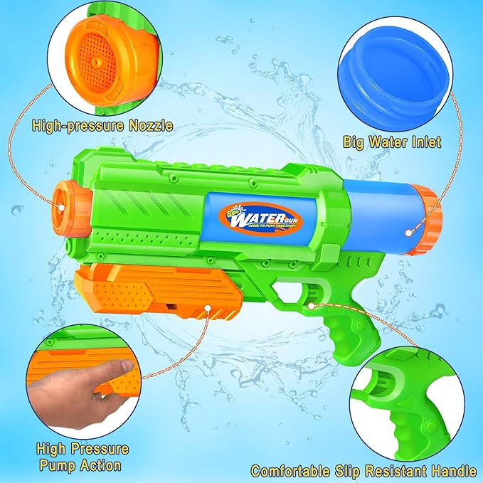 Super Water Gun for Kids Adults: 2 Pack - 1200CC Water Toy Gun Squirt Blaster Soaker Long Range High Capacity Swimming Pool Beach Outdoor Summer Fun Party Games, Gifts for Boys and Girls Green Green