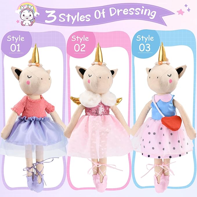 Ballerina Unicorn Doll Stuffed Animal Toys for Girls - Plush Bag | 3 Set Cloth Accessories | Ballet Shoes, Kids Pretend Play Doll Pet Care, Christmas Birthday Gift for 3 4 5 6 Year Old Girls