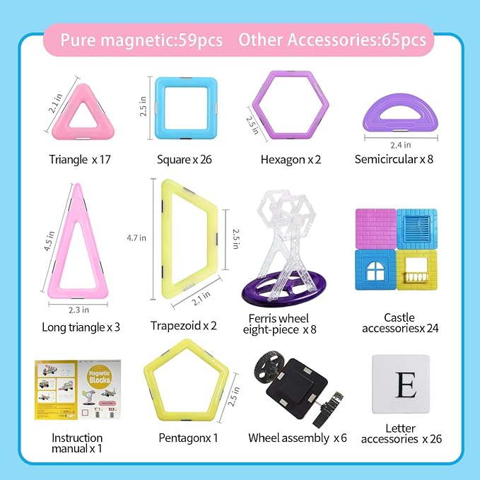 Magnetic Tiles Magnet Blocks for 3 4 5 6 7+ Year Old Boys Girls Macaron Castle Magnetic Building Blocks for Toddlers 3-5, 4-8, Building Blocks for Kids Ages 3+ Birthday Gifts 124pcs