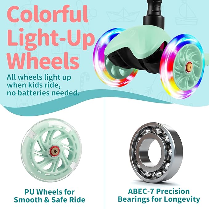BELEEV A1 Scooter for Kids Ages 2-6, 3 Wheel Kick Scooter for Toddlers Girls Boys, Light up Wheels, Adjustable Height, Lean to Steer, Non-Slip Deck, Lightweight Push Scooter for Children