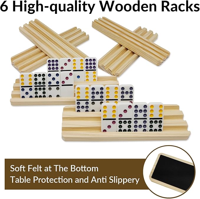 Double 9 Dominoes Set with 6 Wooden Trays/Racks, Double Nine Dominos Travel Set with 6 Domino Tiles Holders, 55 Tiles Dominoes Game Set with Portable Case for Families