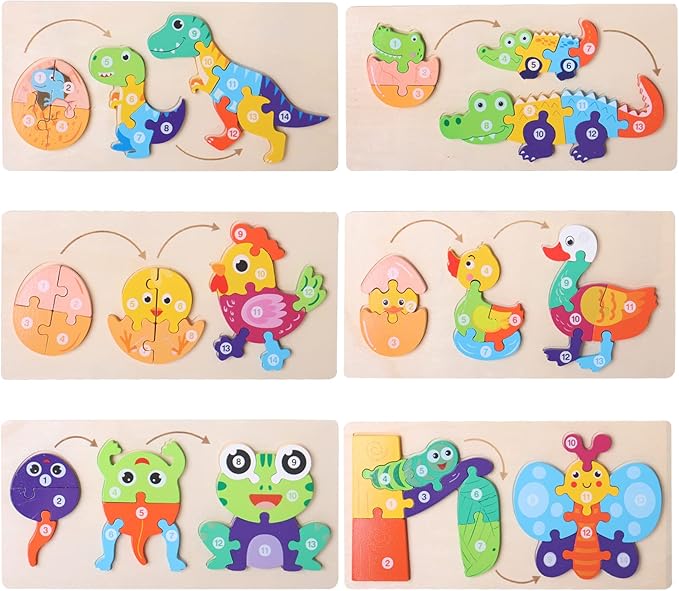 SHIERDU 6-Pack Wooden Animal Growth Puzzle Puzzles for Kids Ages 3-5 Montessori Toys for 3 4 5 Year Olds Gifts for 2-4 Year Old Boys Girls