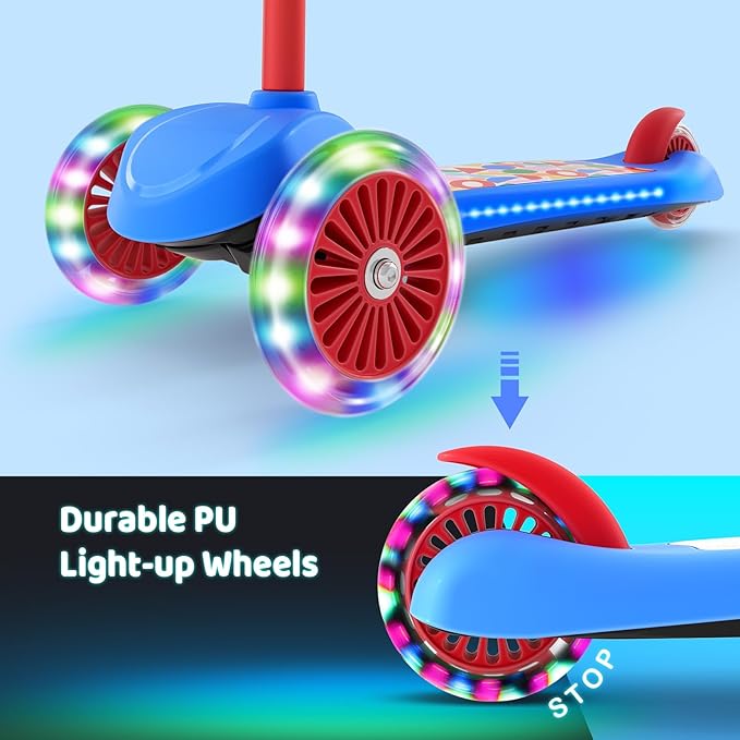 TONBUX Kids Scooter for Ages 3-5, Toddler Scooter with Light-Up Deck and Wheels, Adjustable 4-Level Height 3-Wheel Scooter for Kids, Lean-to-Steer Design