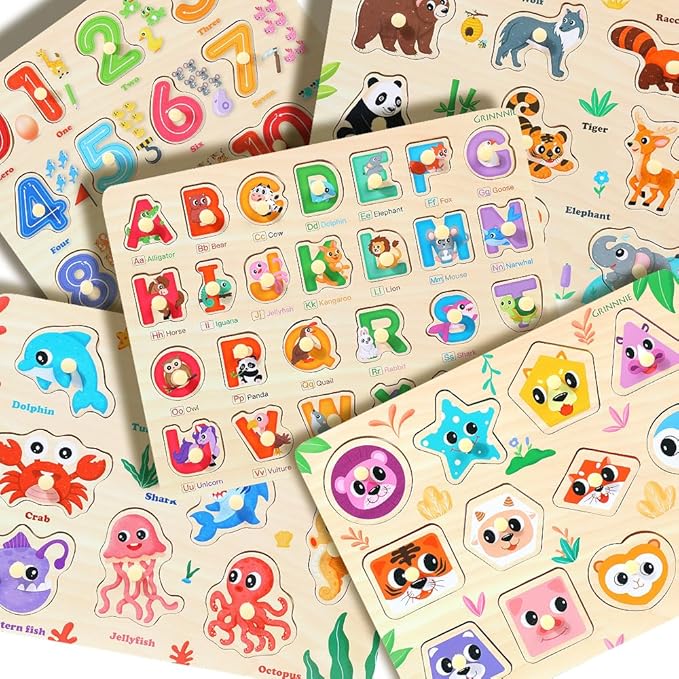GRINNNIE Wooden Puzzles for Toddlers 1 2 3 Years Old, Montessori Toddler Toys 5PCS Peg Puzzles with Knob - Number, Alphabet, Shape, and Animal, Great Gifts for Boys Girls