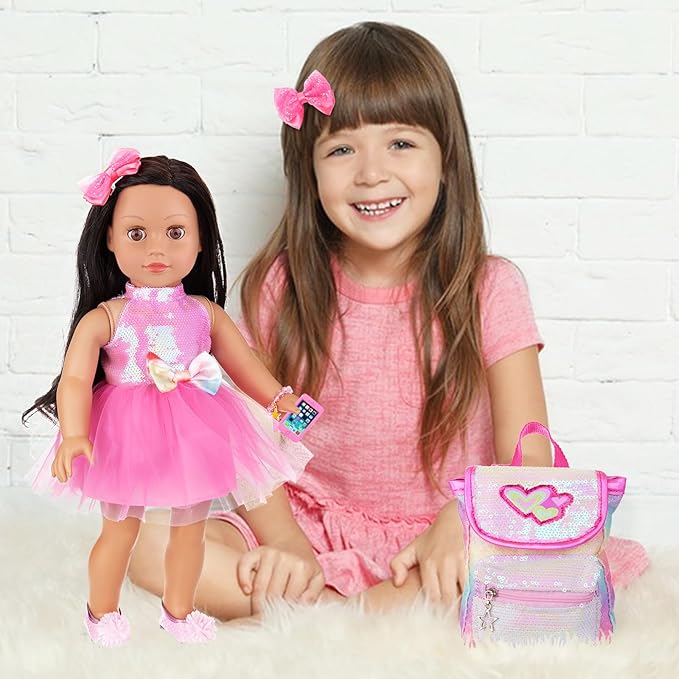 American 18 Inch Doll Clothes and Accessories, Sequin Doll Backpack Accessories Set Included 18 inch Girl Doll Backpack,Sequin Gauze Dress,Doll Shoes,Bow Knot Hairpin,Hand Chain(No Doll)